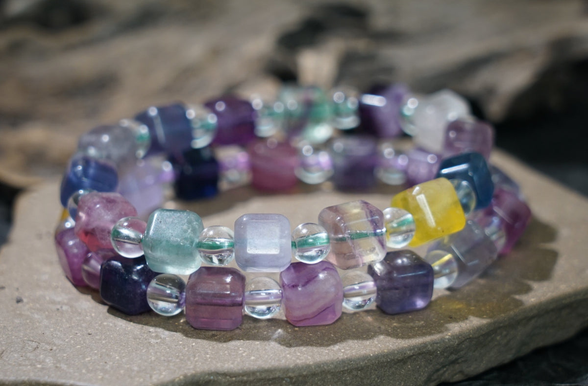 Rainbow Fluorite Bracelet | Cube & Round 8mm Beads