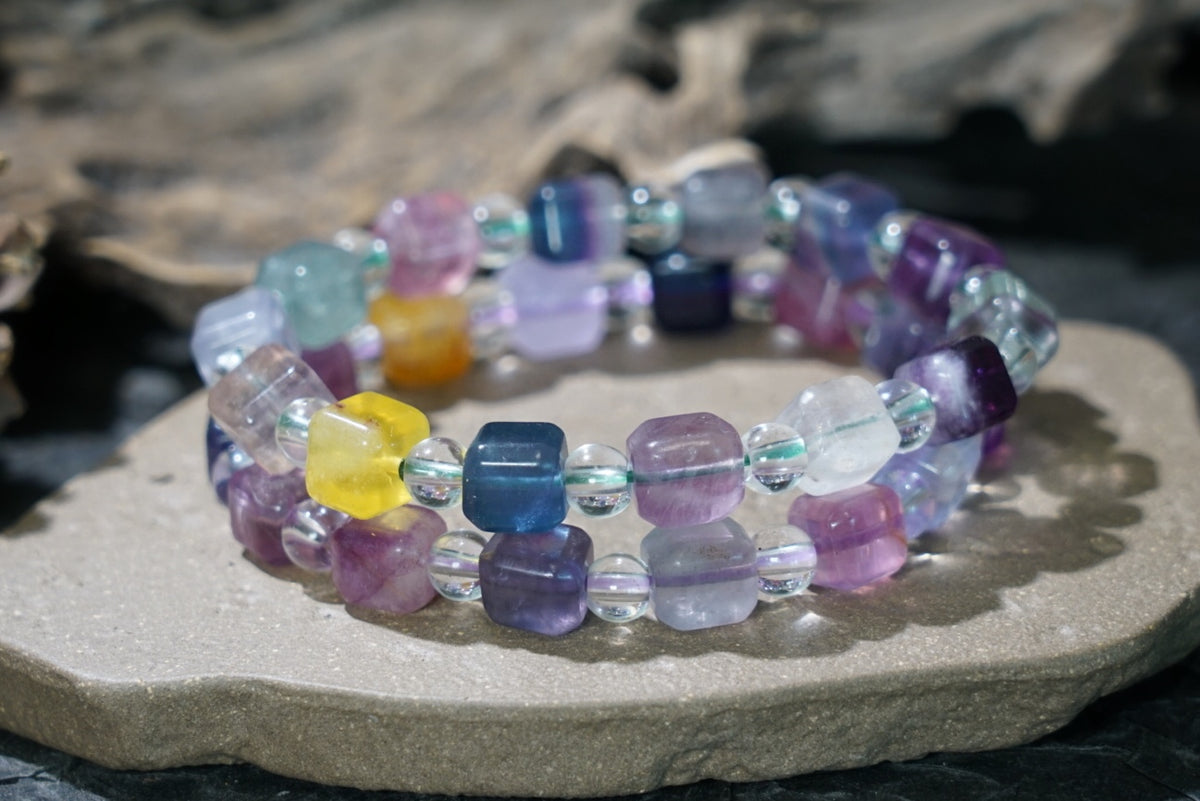 Rainbow Fluorite Bracelet | Cube & Round 8mm Beads