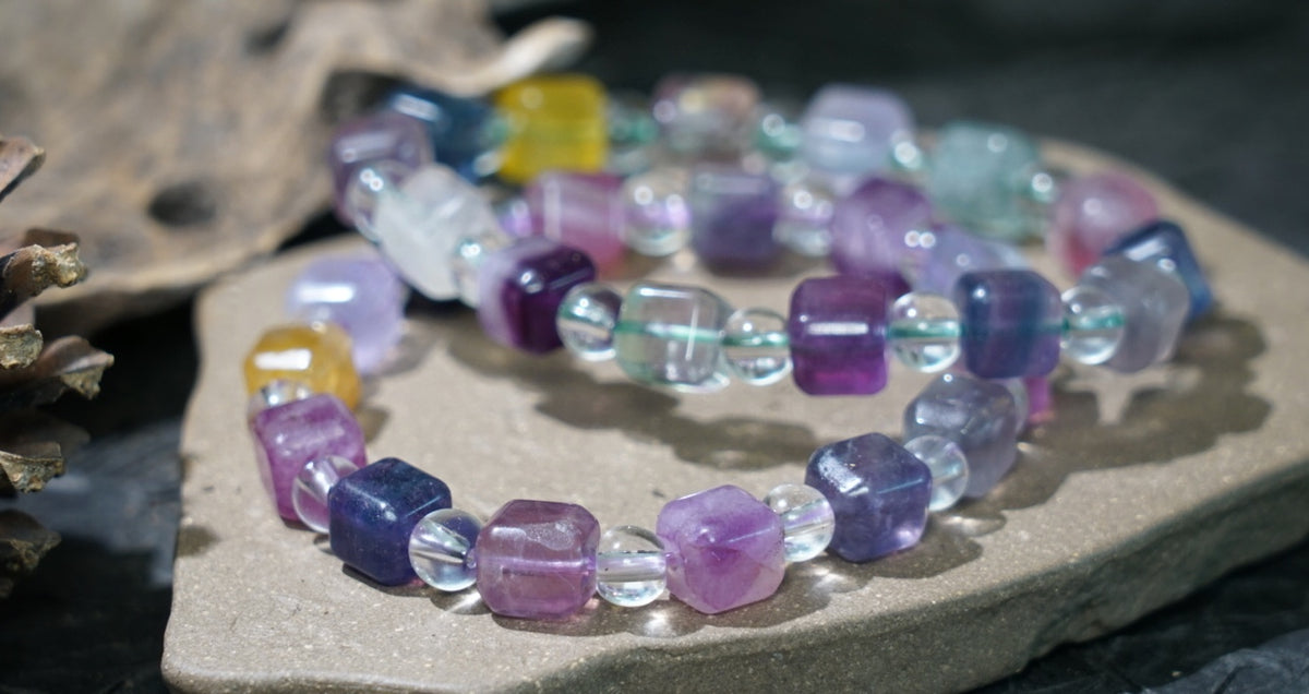 Rainbow Fluorite Bracelet | Cube & Round 8mm Beads