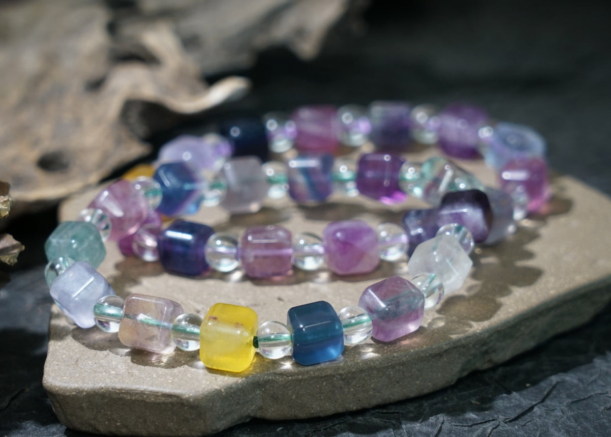 Rainbow Fluorite Bracelet | Cube & Round 8mm Beads