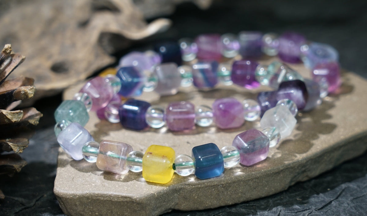 Rainbow Fluorite Bracelet | Cube & Round 8mm Beads