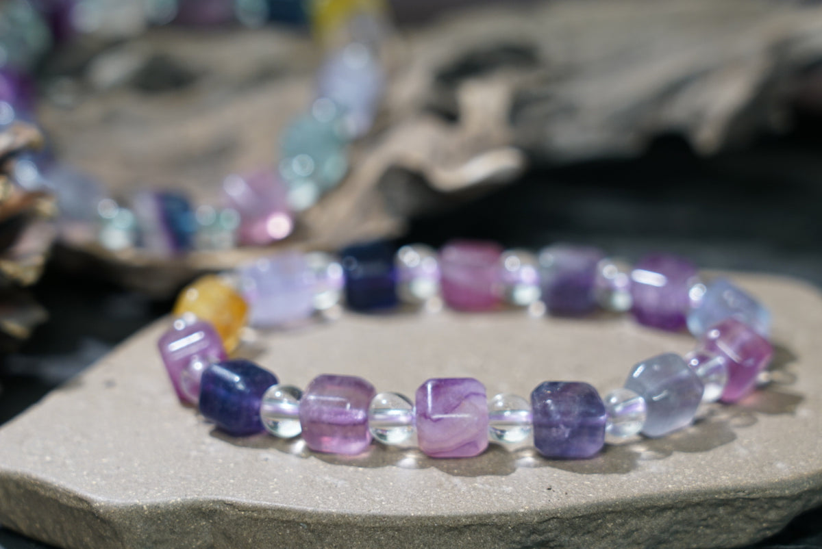 Rainbow Fluorite Bracelet | Cube & Round 8mm Beads