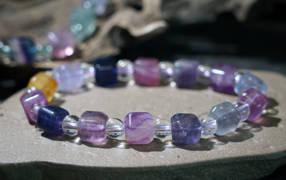 Rainbow Fluorite Bracelet | Cube & Round 8mm Beads