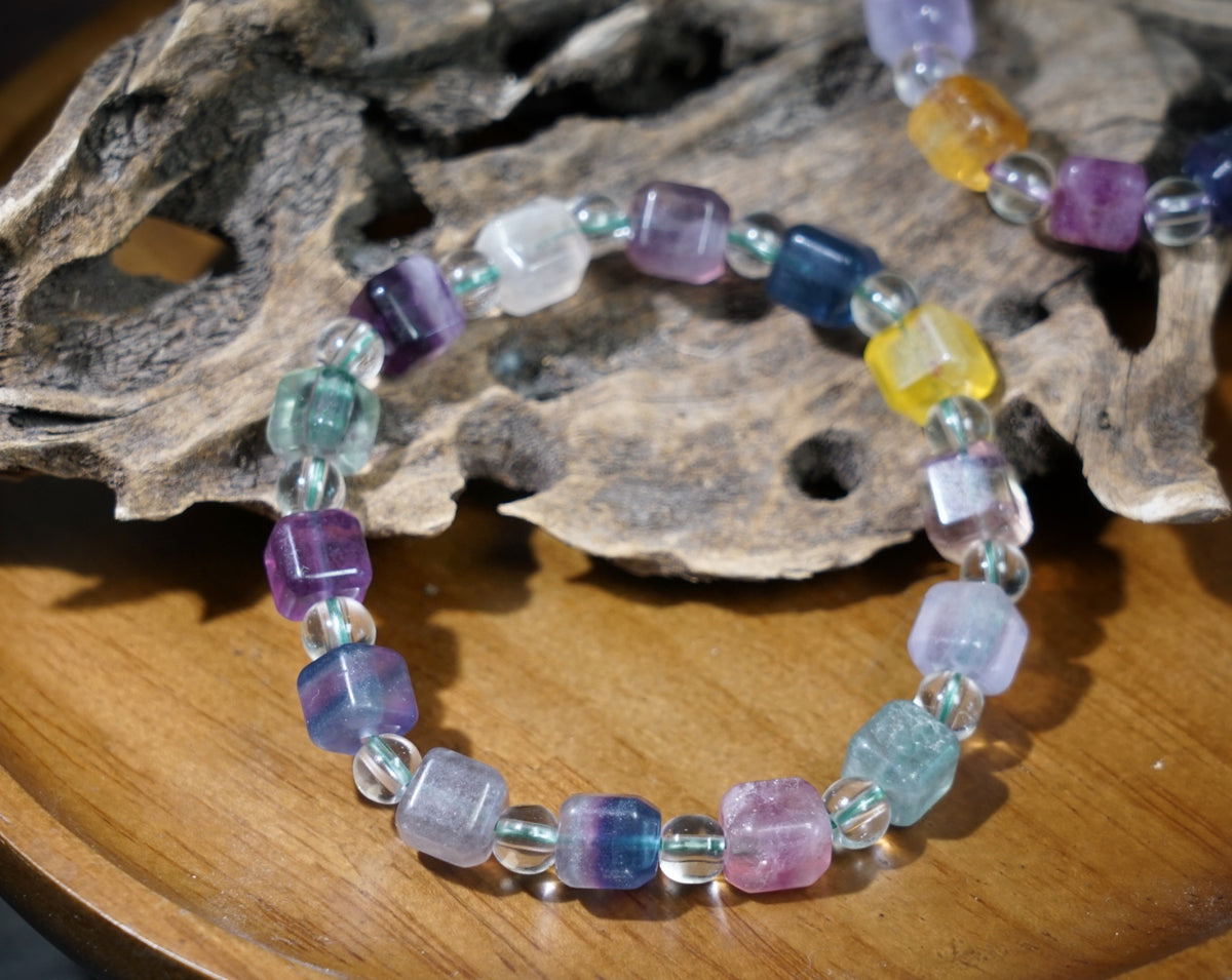 Rainbow Fluorite Bracelet | Cube & Round 8mm Beads