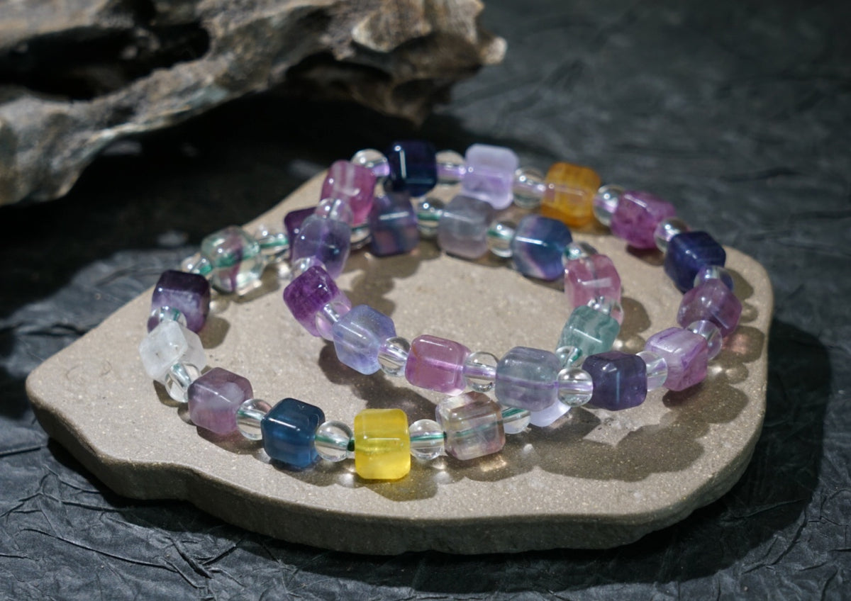 Rainbow Fluorite Bracelet | Cube & Round 8mm Beads
