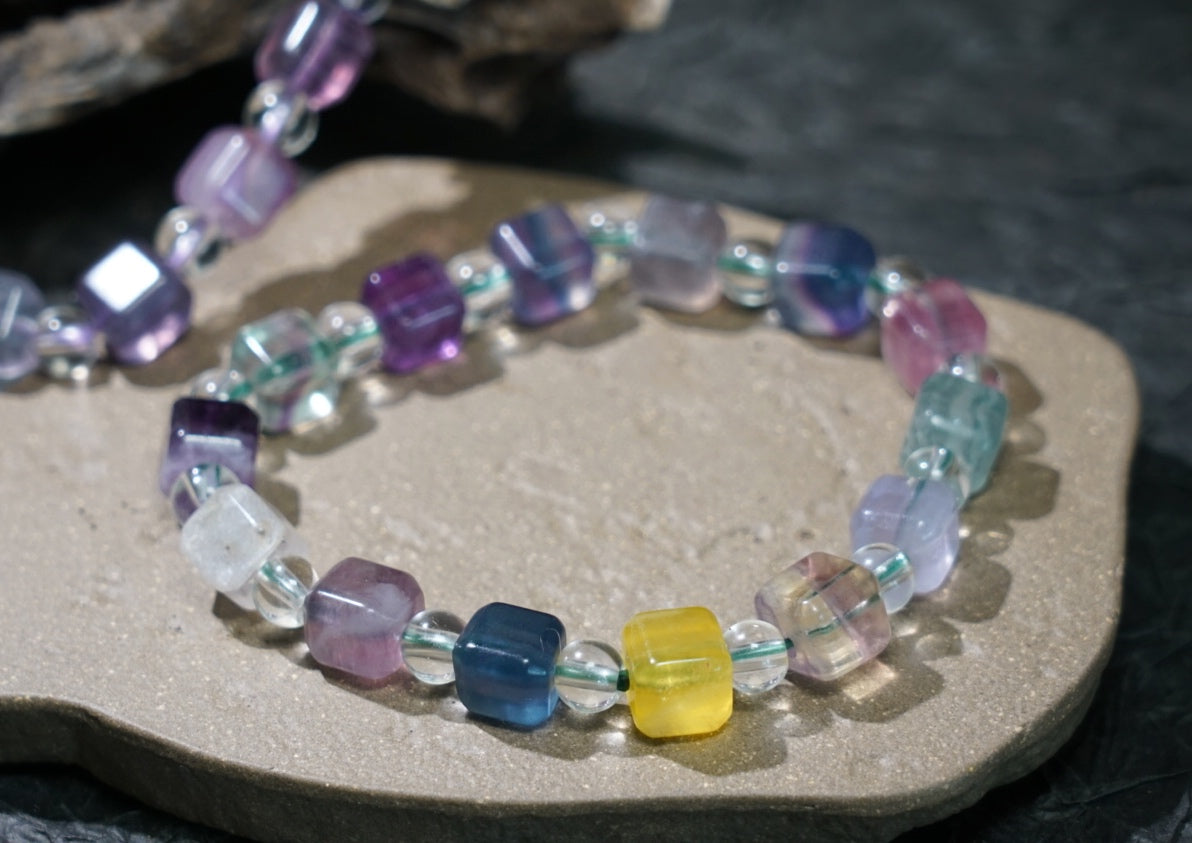 Rainbow Fluorite Bracelet | Cube & Round 8mm Beads