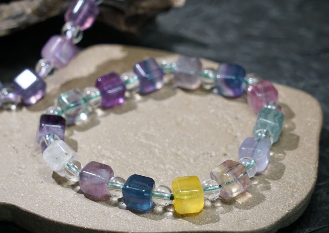 Rainbow Fluorite Bracelet | Cube & Round 8mm Beads