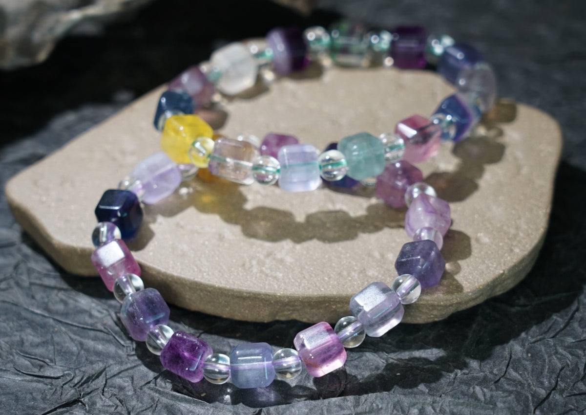 Rainbow Fluorite Bracelet | Cube & Round 8mm Beads