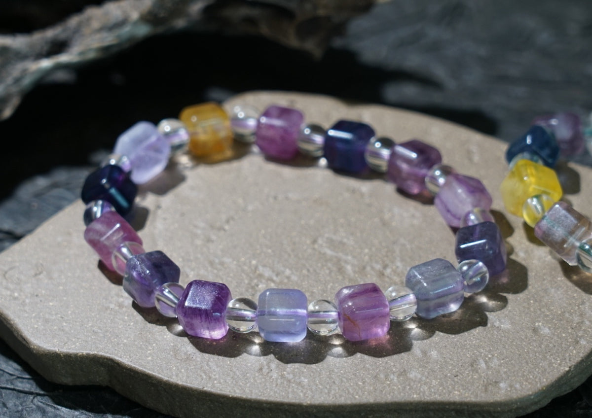 Rainbow Fluorite Bracelet | Cube & Round 8mm Beads