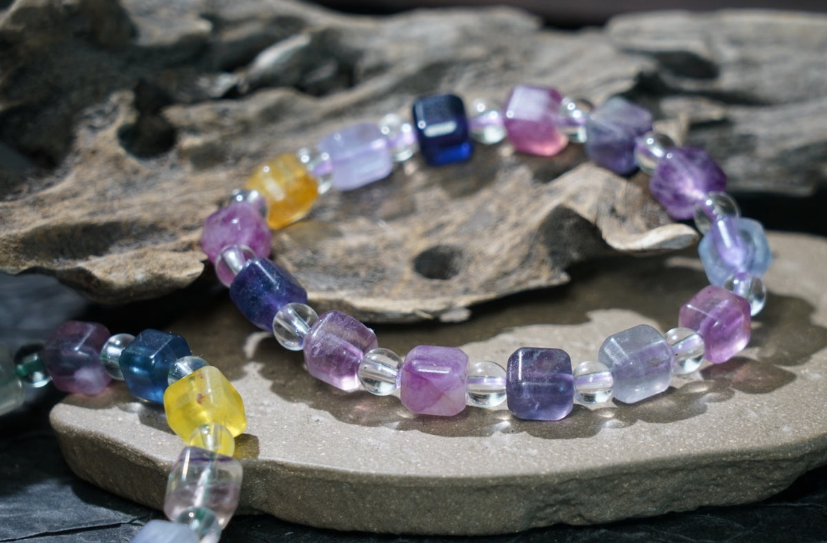 Rainbow Fluorite Bracelet | Cube & Round 8mm Beads