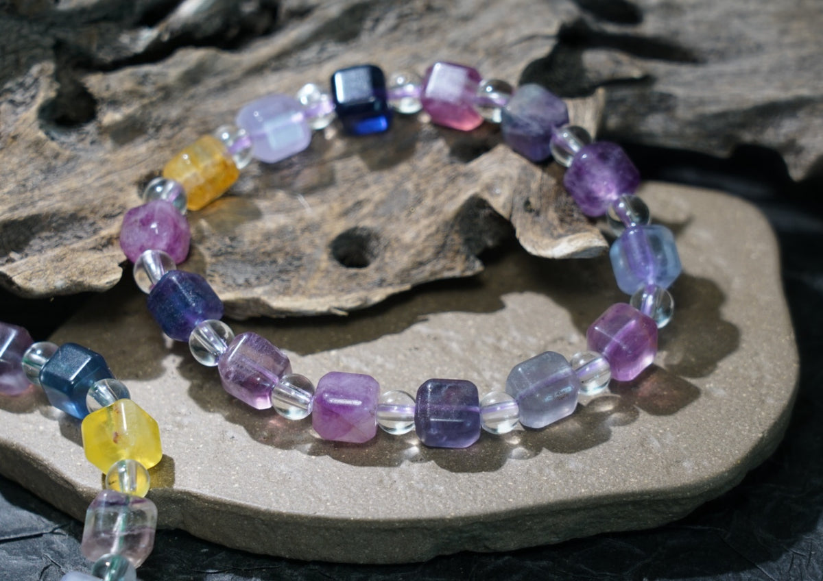 Rainbow Fluorite Bracelet | Cube & Round 8mm Beads