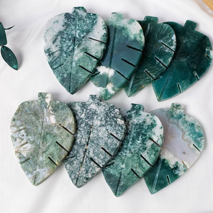 Natural Moss Agate Leaf Carving | 7cm