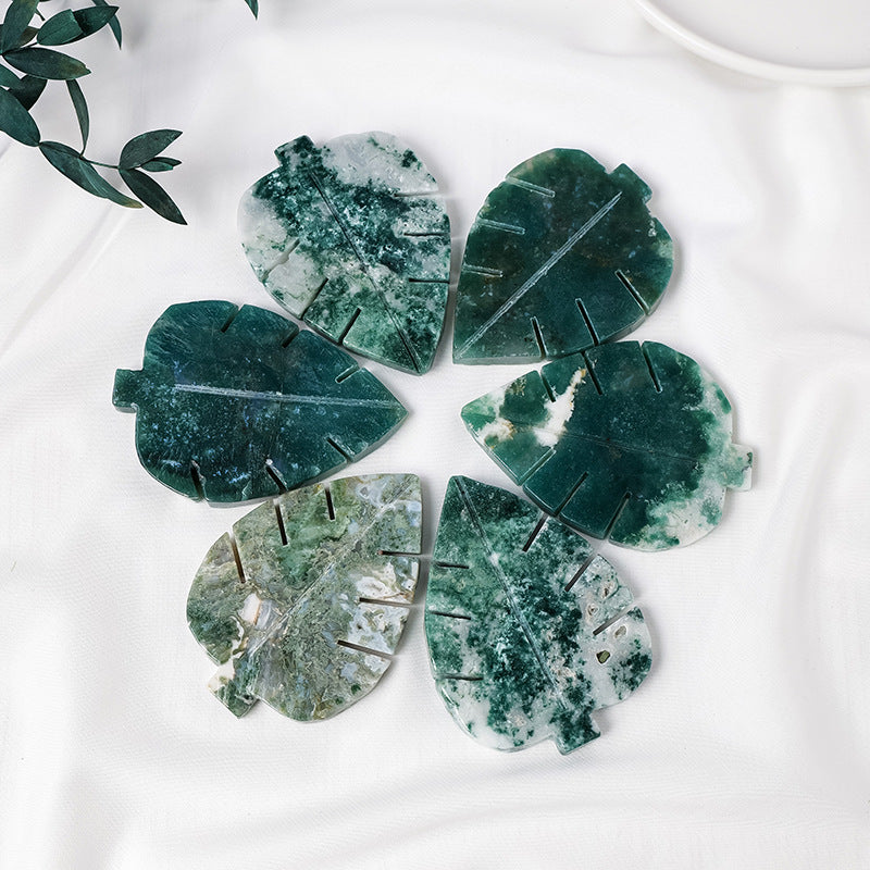 Natural Moss Agate Leaf Carving | 7cm
