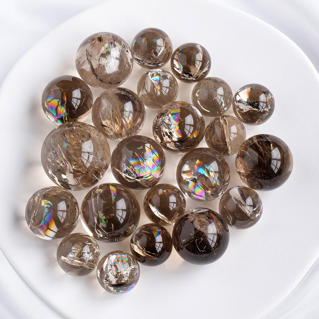 Natural Smoky Quartz crystal sphere alternate view showing internal rainbow