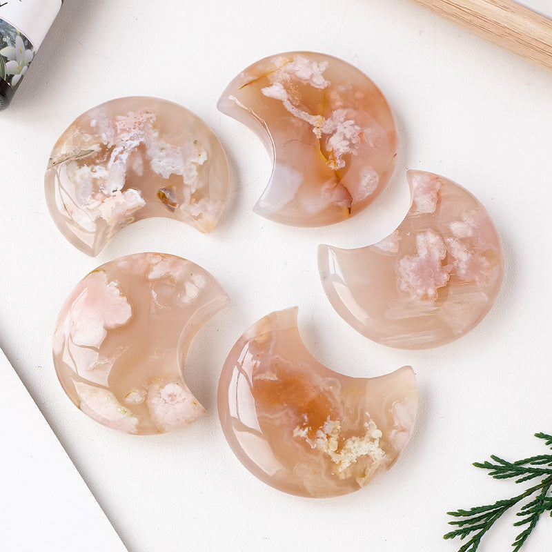 Flower Agate moon carving with soft pink tones and natural blossom-like patterns