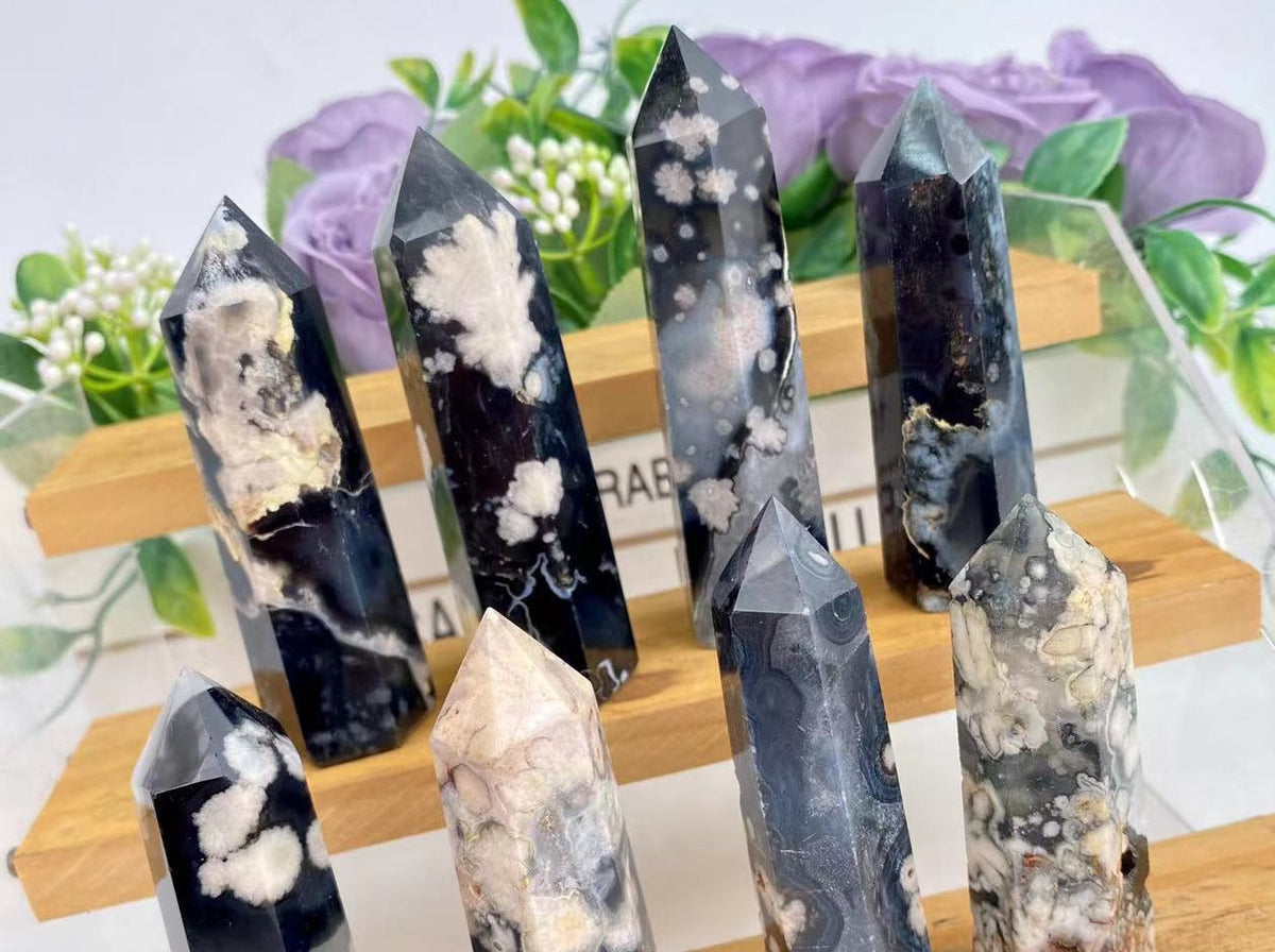 Black Flower Agate Tower | Natural Crystal Point