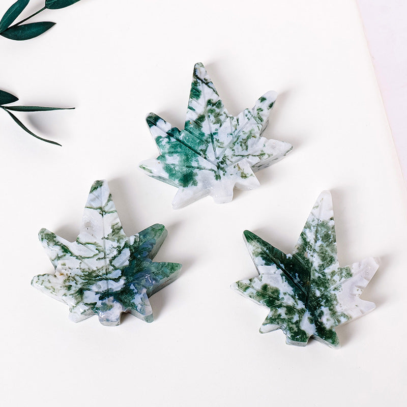 Moss Agate Maple Leaf Carving | Natural Crystal 4–4.5cm