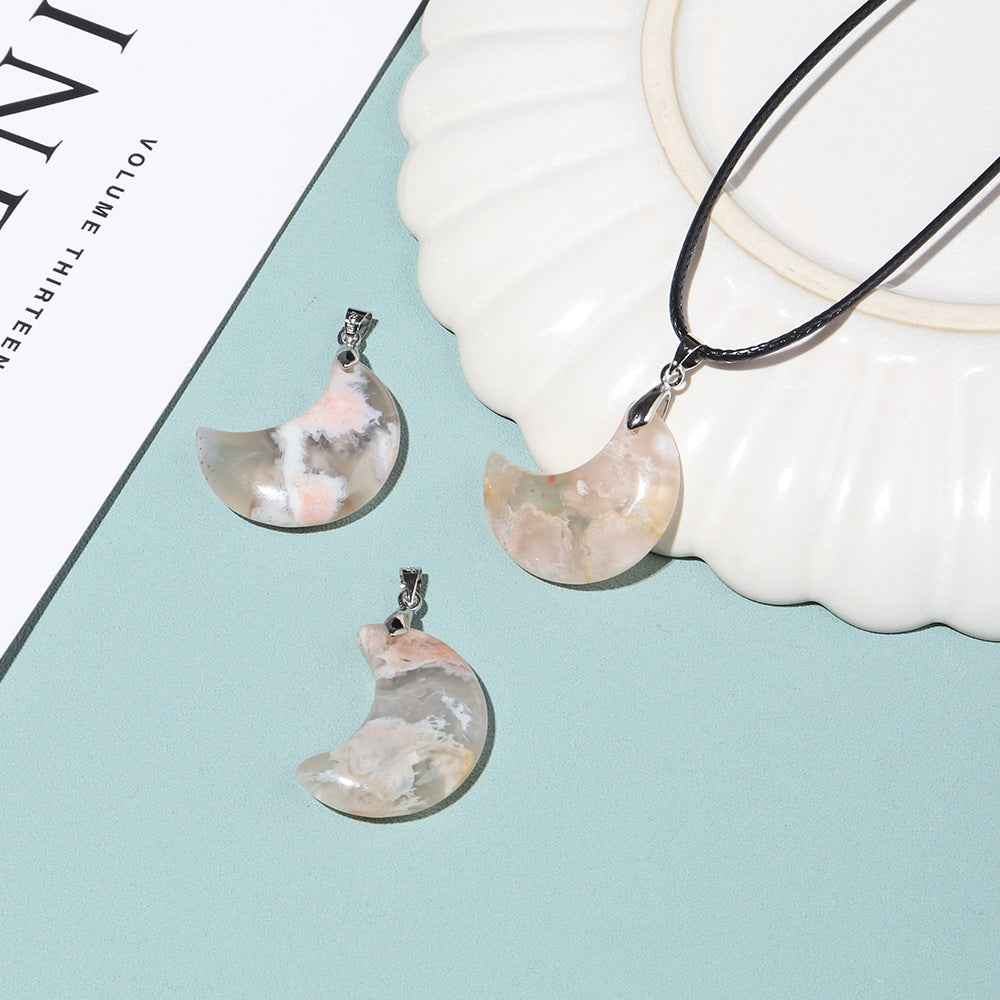 Flower Agate Moon Necklace | Natural Crescent Pendant 3cm
