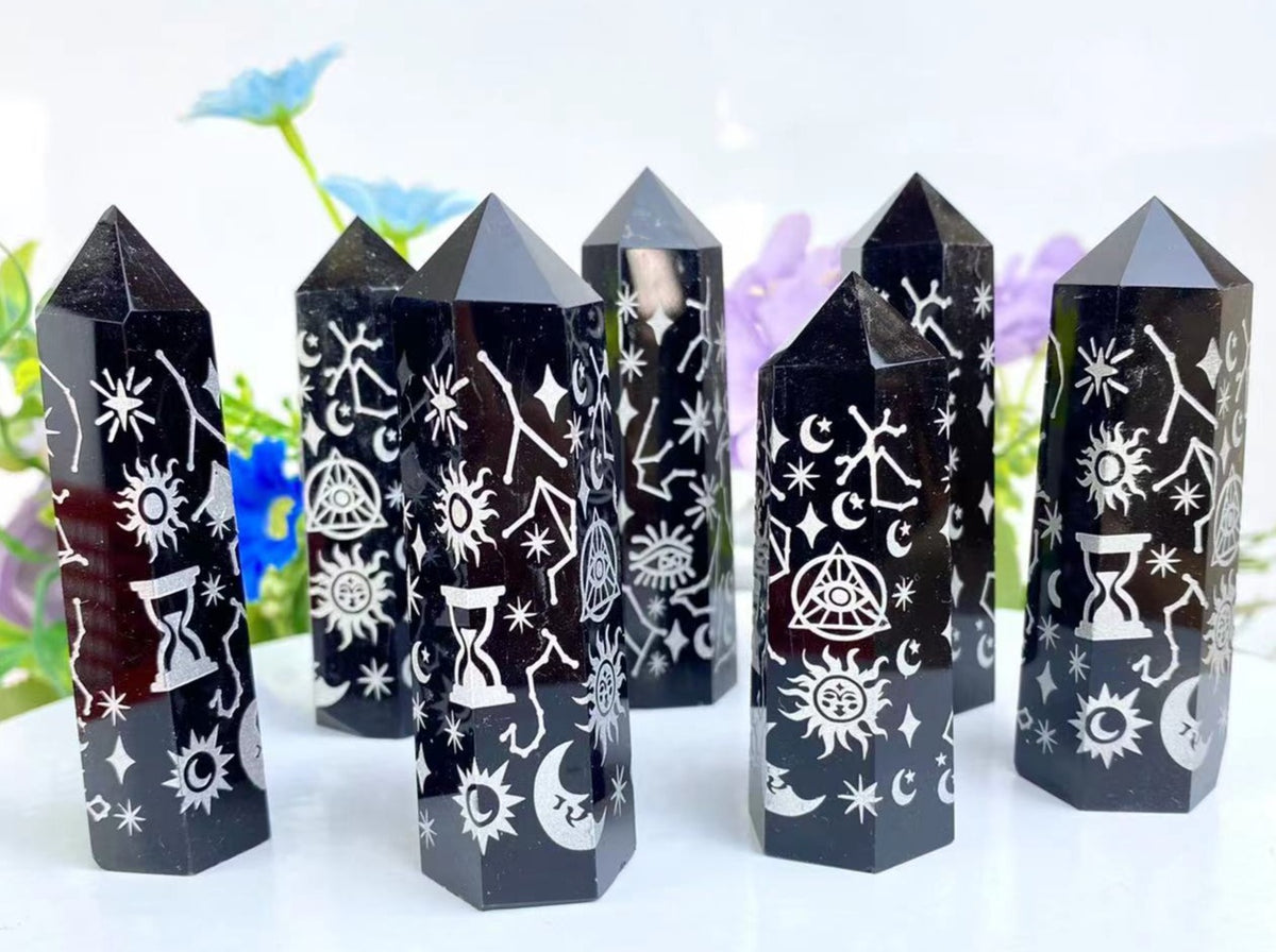 Black Obsidian Celestial Engraved Tower – Carved Crystal product photo 3