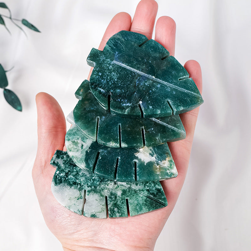 Natural Moss Agate Leaf Carving | 7cm