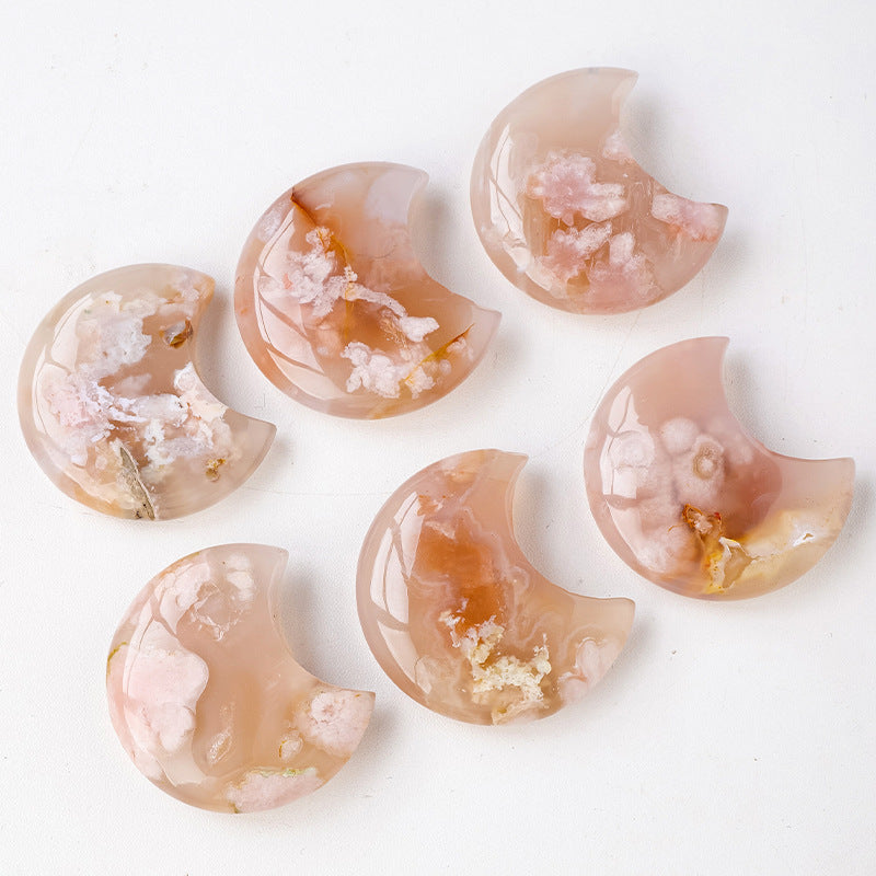 Polished Flower Agate crescent moon showing natural floral mineral pattern