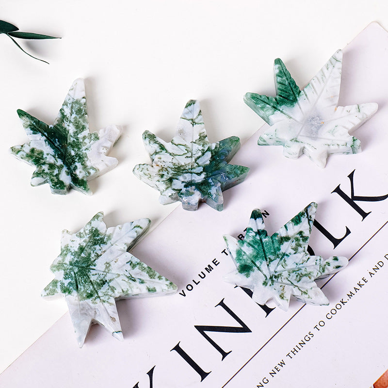 Moss Agate Maple Leaf Carving | Natural Crystal 4–4.5cm