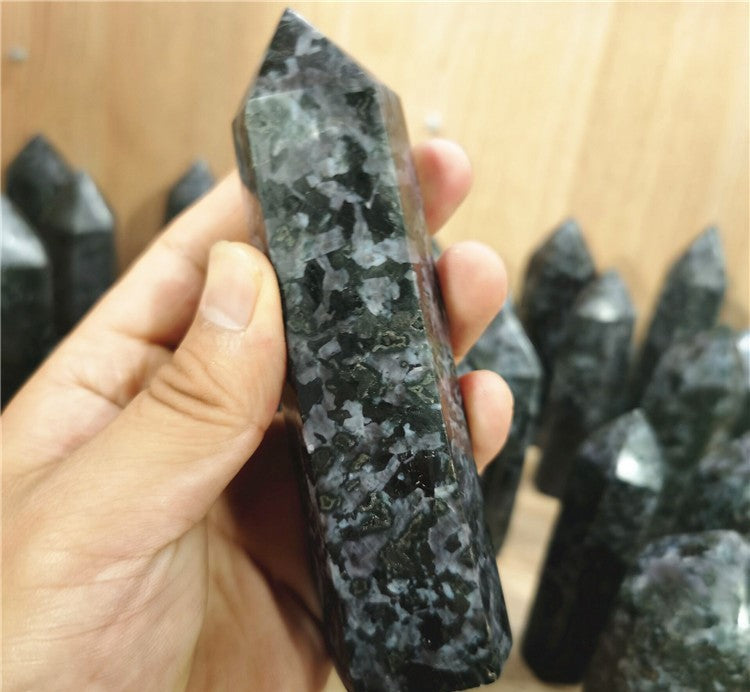 Polished Indigo Gabbro crystal tower alternate view with contrasting texture