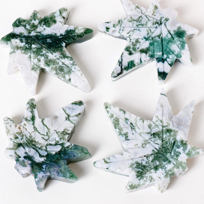 Moss Agate Maple Leaf Carving | Natural Crystal 4–4.5cm