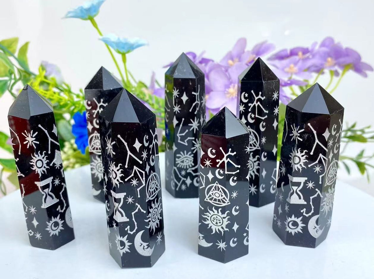 Black Obsidian Celestial Engraved Tower – Carved Crystal product photo 2