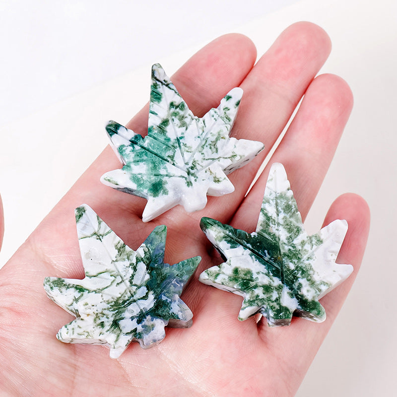 Moss Agate Maple Leaf Carving | Natural Crystal 4–4.5cm