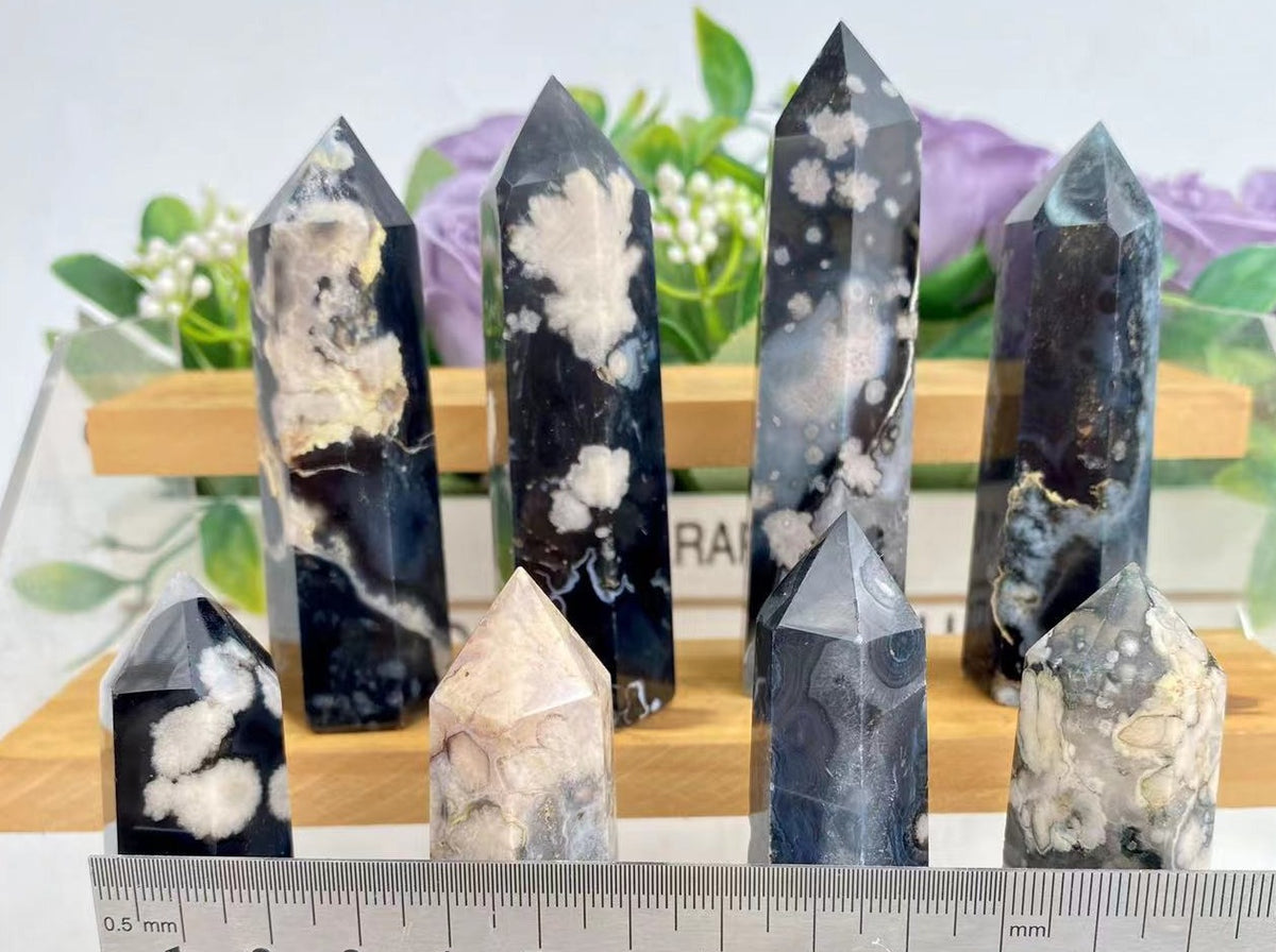 Black Flower Agate Tower | Natural Crystal Point