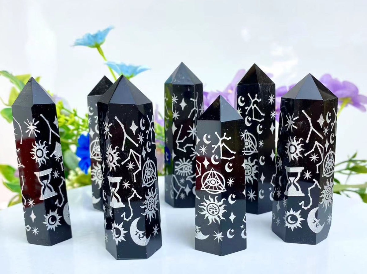 Black Obsidian Celestial Engraved Tower – Carved Crystal product photo 1