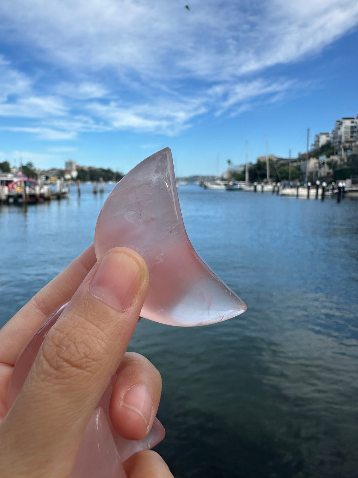 Natural Rose Quartz moon 5cm shown from another angle