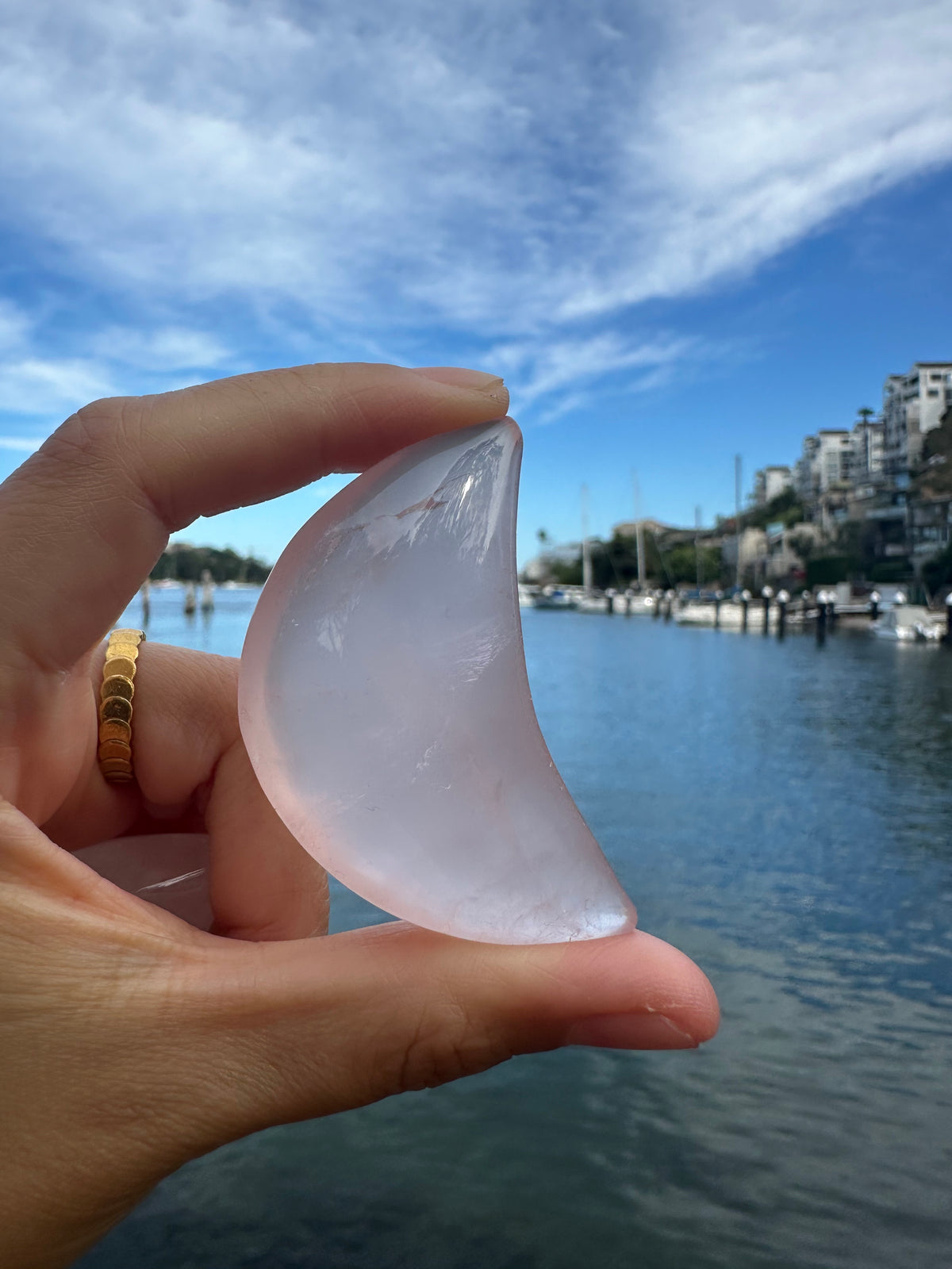 Rose Quartz moon crystal detail with natural colour variation