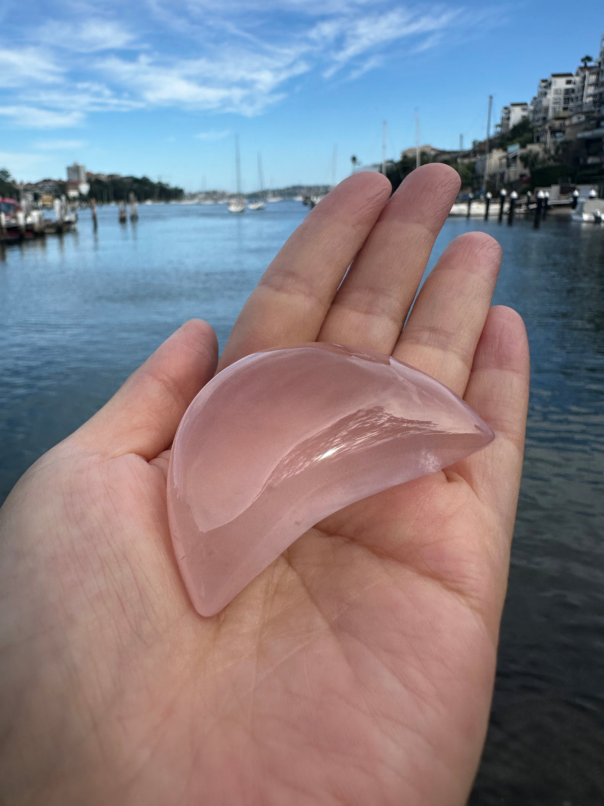 Natural pink Rose Quartz moon carving alternate product view