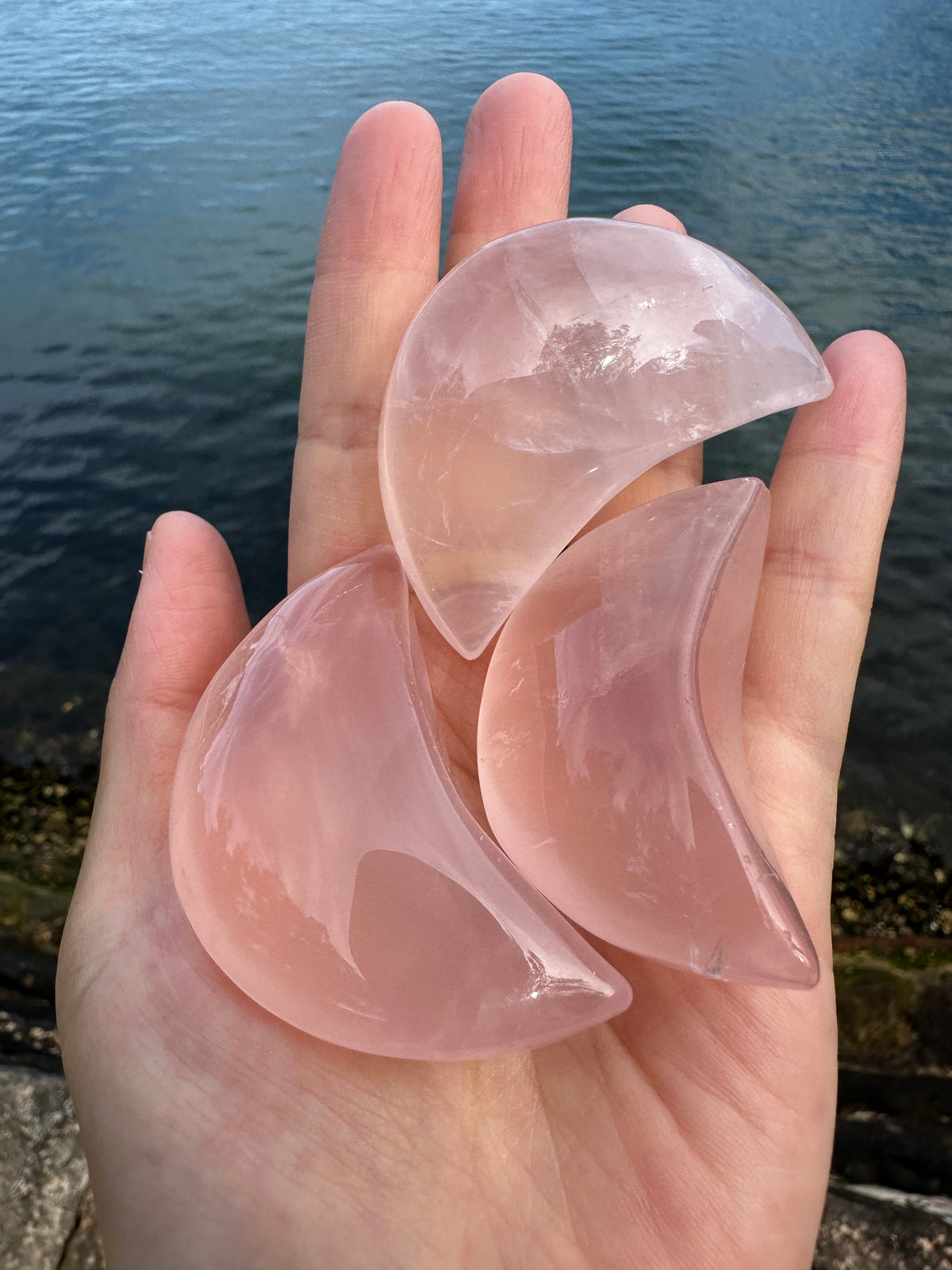 Rose Quartz moon carving 5cm in soft natural pink crystal