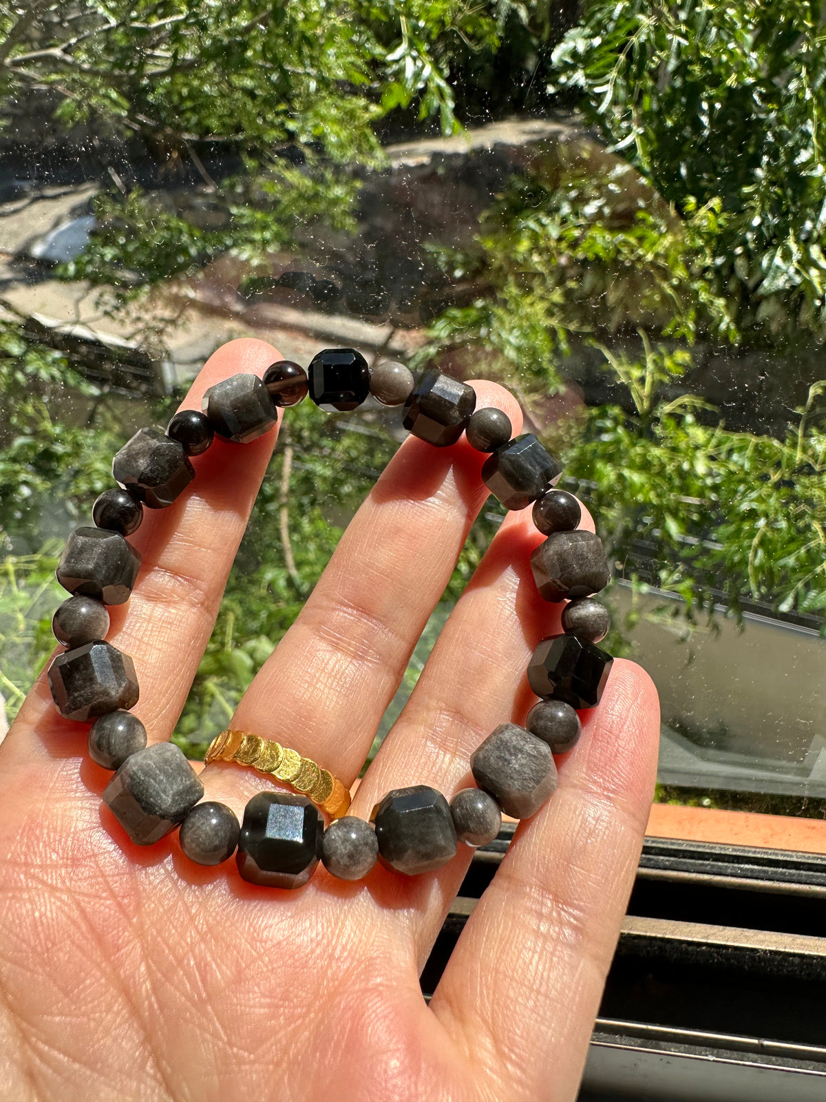 Silver Sheen Obsidian Bracelet | 8mm Square & Round Beads