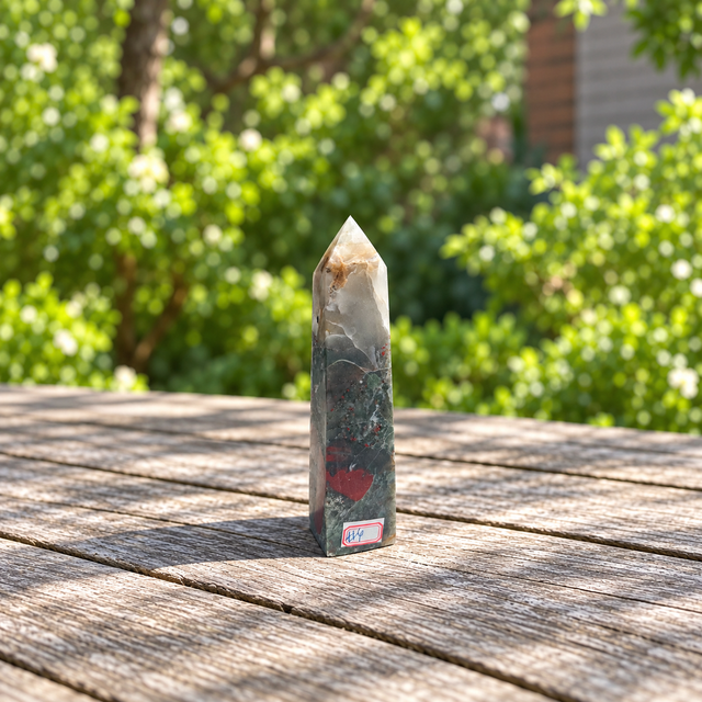 African Bloodstone Tower with Pale Tip, Red & Green Crystal Point, 17.5cm, 433g – Exact Piece No.4