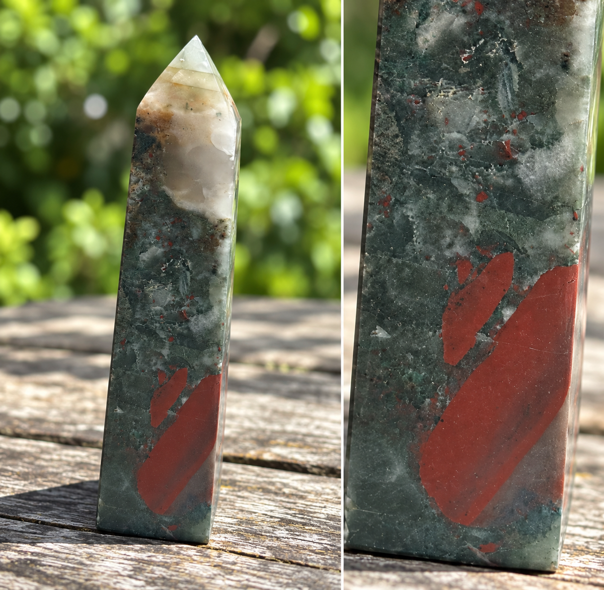 Full reverse view and close-up of No.4 bloodstone tower showing elongated brick-red patches, pale veins and fine surface scratches.