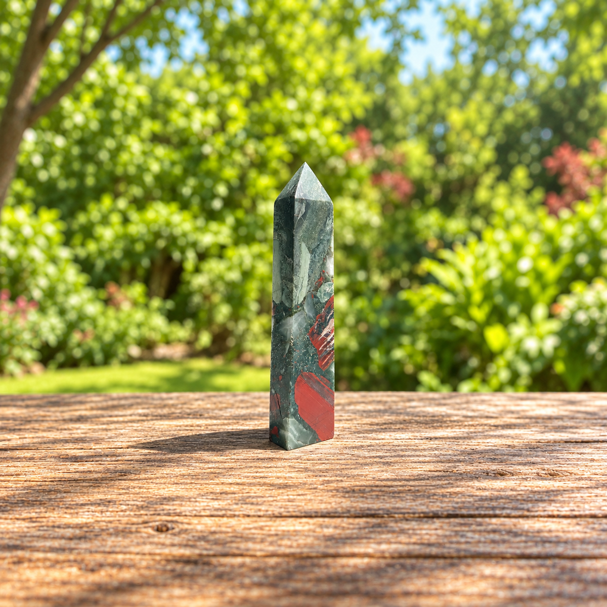 Reverse of No.7 bloodstone tower with broad muted red patch near the base and pale grey-green inclusions.