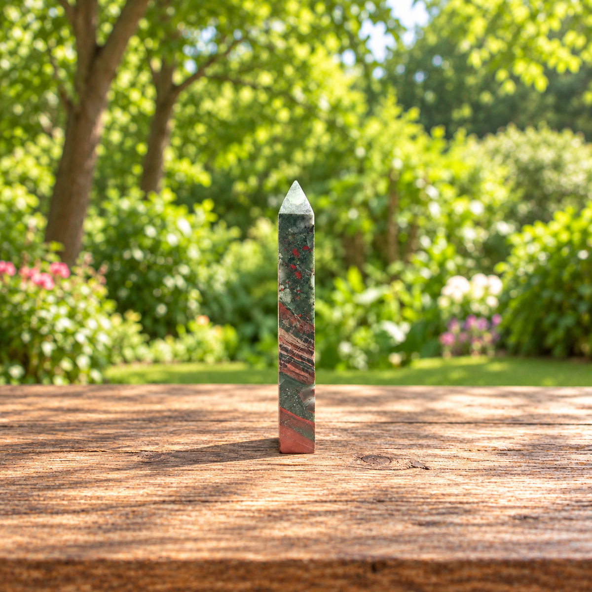 Narrow face of No.7 bloodstone tower with layered red-brown patterns and fine pale lines.