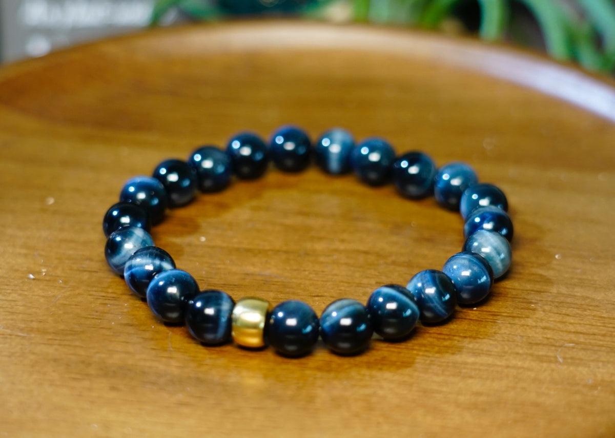 Blue Tiger Eye bracelet product view with polished round beads