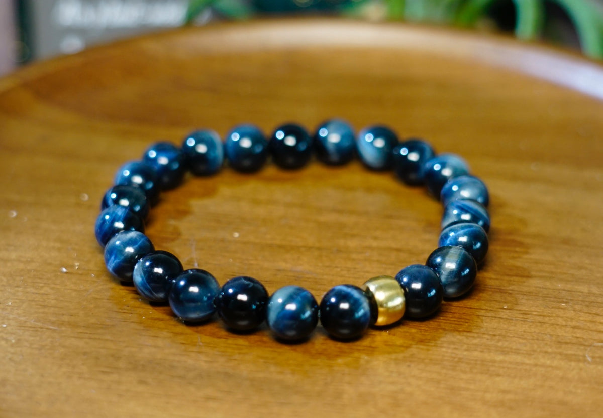 Blue Tiger Eye bracelet styled view with natural Hawk's Eye beads
