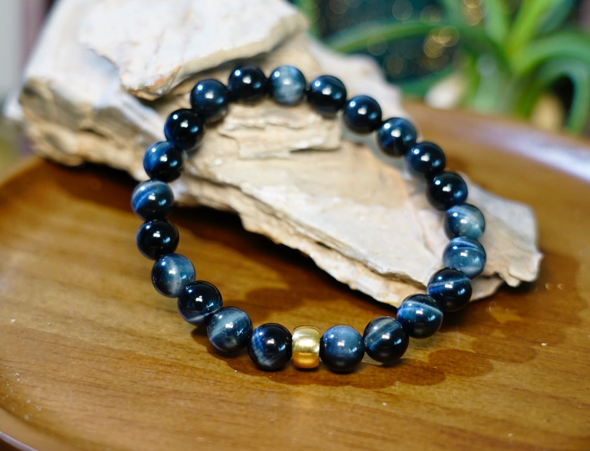 Blue Tiger Eye bracelet close-up with chatoyant 8mm gemstone beads