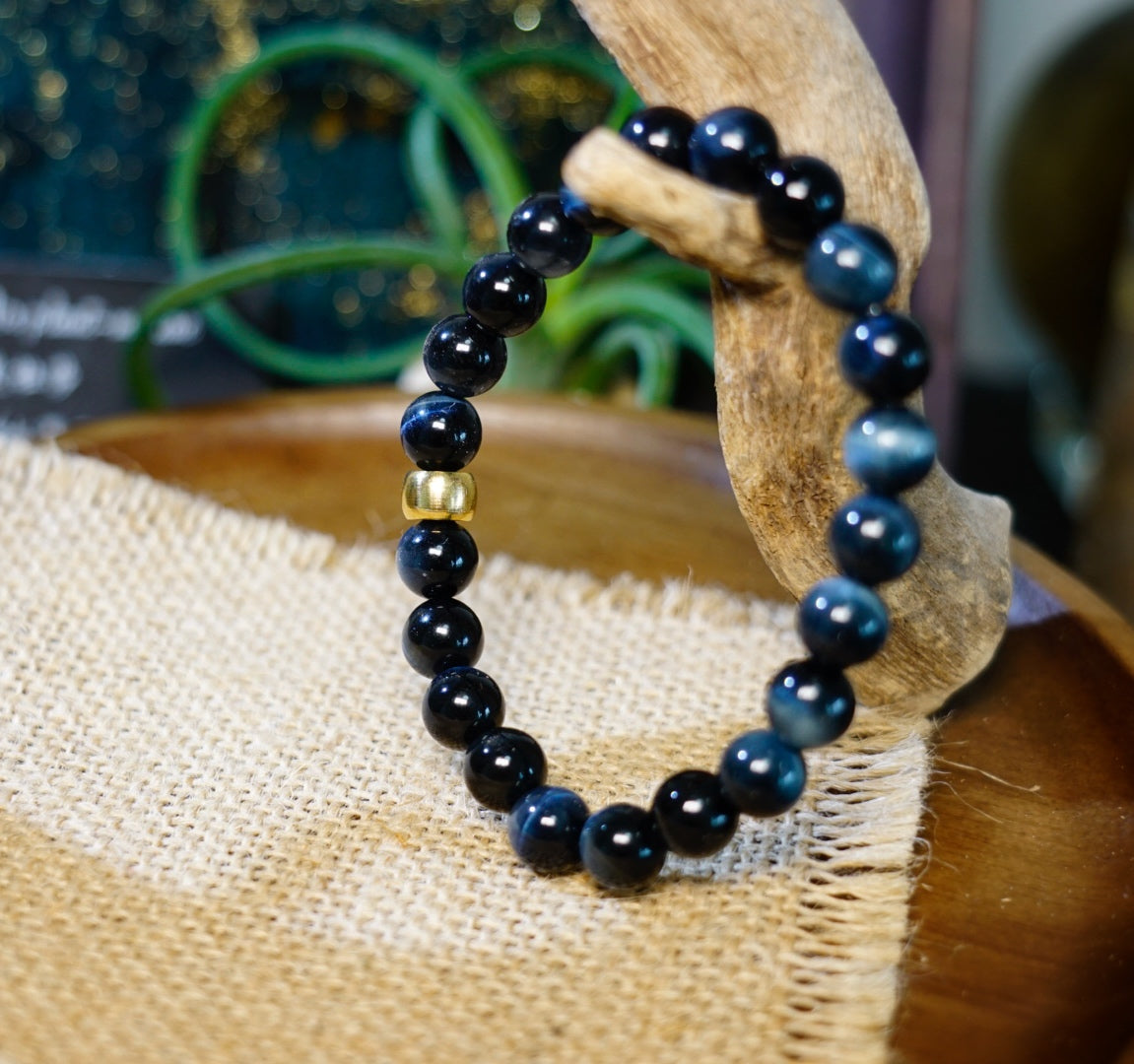 Natural Blue Tiger Eye 8mm bead bracelet close-up