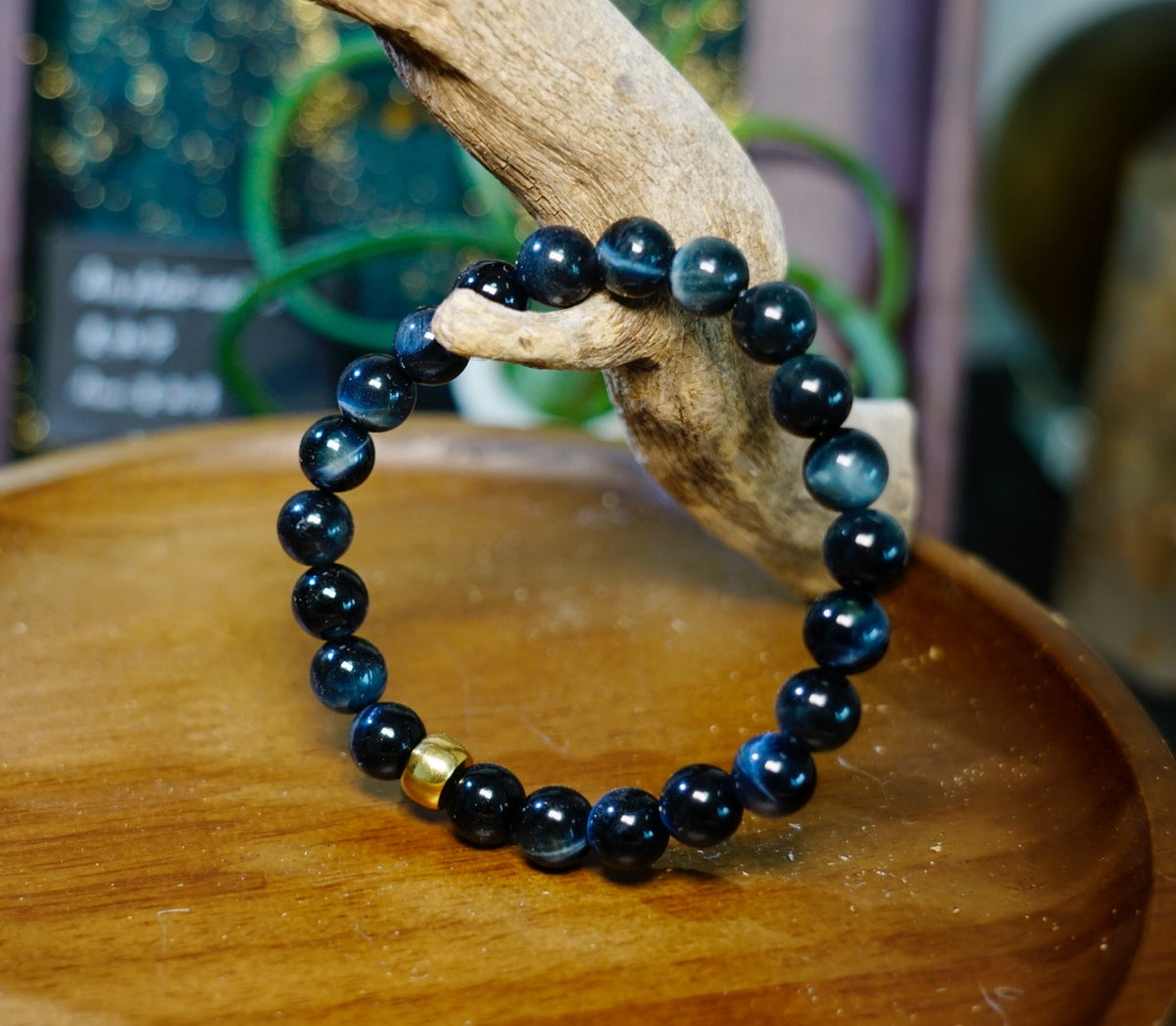 Blue Tiger Eye bracelet alternate view showing silky blue chatoyancy