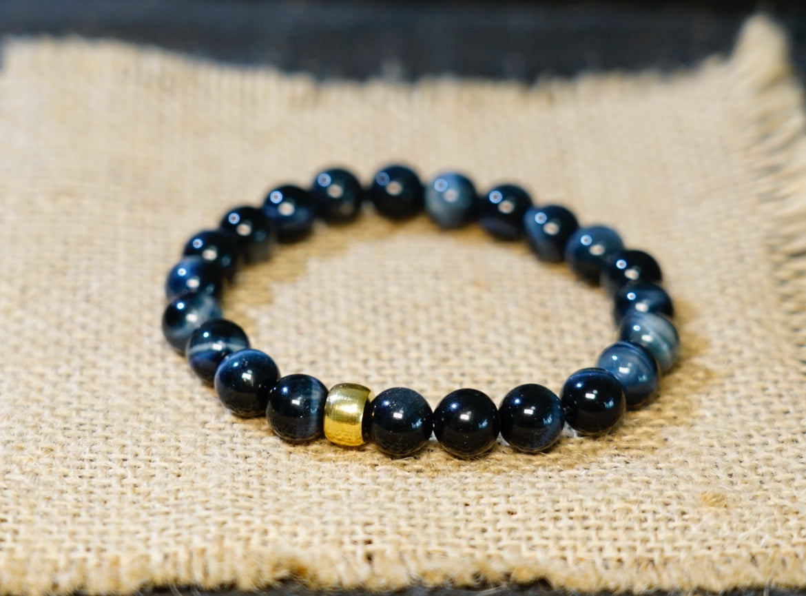 Blue Tiger Eye 8mm bracelet detail with dark blue reflective bands