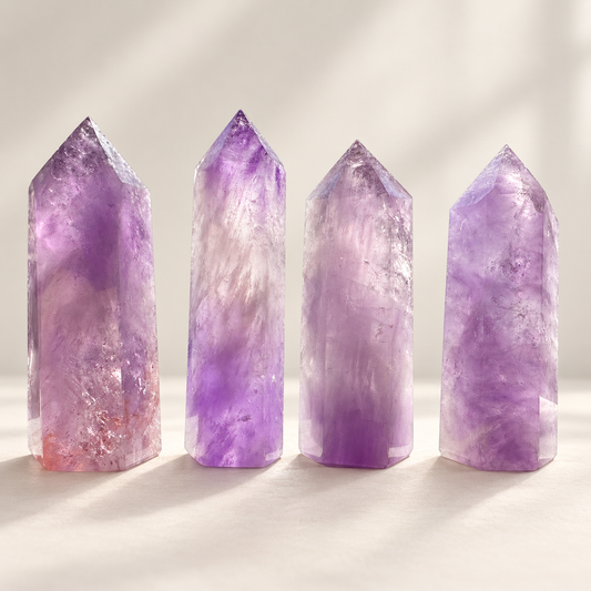 Four natural Brazilian Amethyst towers with lavender and violet colour zoning, polished points and internal mineral inclusions
