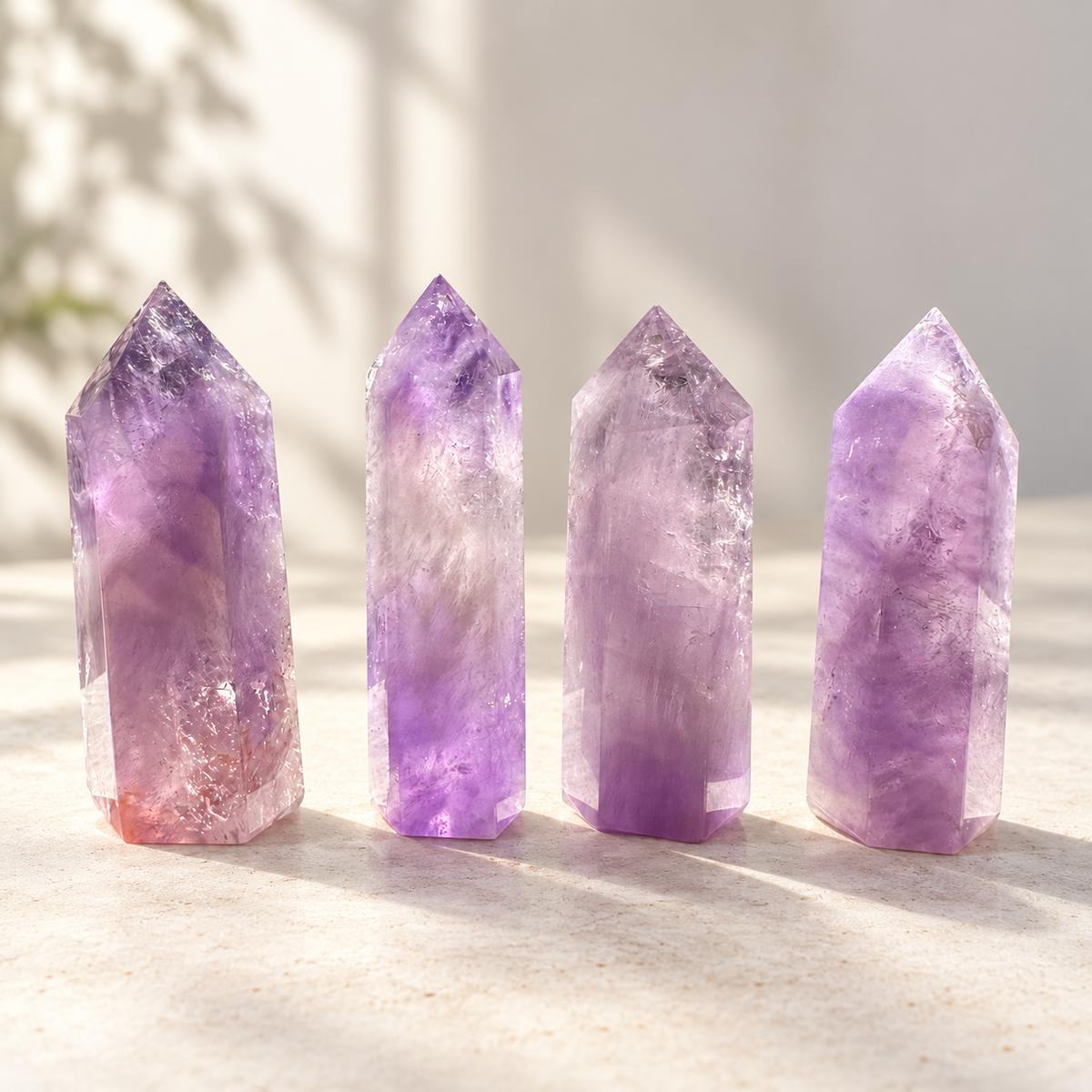Brazilian Amethyst crystal towers in natural daylight, showing variations in purple colour and translucency