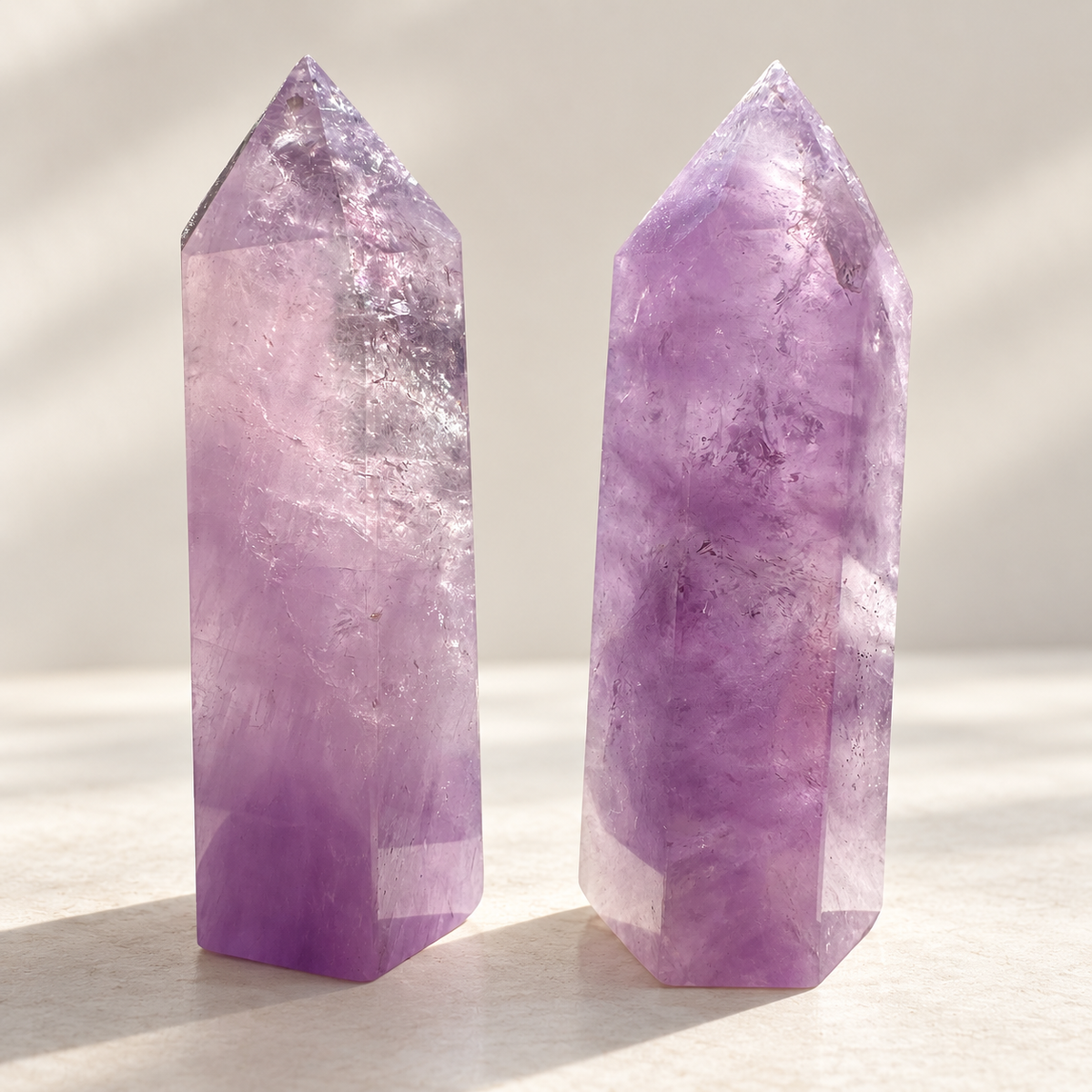 Two polished Brazilian Amethyst points with cloudy veils, mineral inclusions and darker violet bases